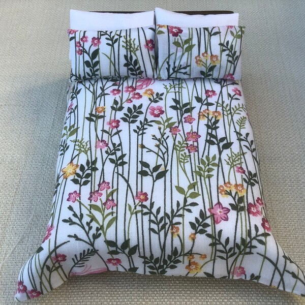 Miniature floral duvet, 1/12th scale bedding, pink floral print, bedroom accessories