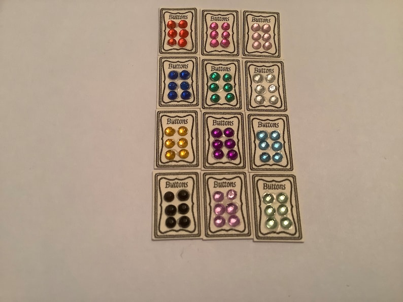 24th scale button display cards for dollhouse, miniature sewing accessories , 1/24th scale sewing Diamanté buttons