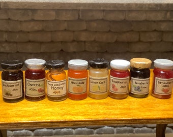 Dollhouse miniature jam and preserves for the pantry, traditional groceries to fill your kitchen cupboards.