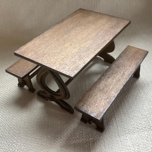 Miniature trestle table and bench seats, 1/12th scale wooden dollshouse dining table and bench