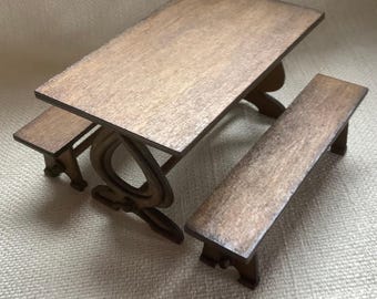 Miniature trestle table and bench seats, 1/12th scale wooden dollshouse dining table and bench