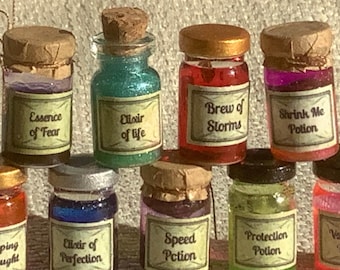 Miniature witches spells bottles, wizards potions, haunted house decorations
