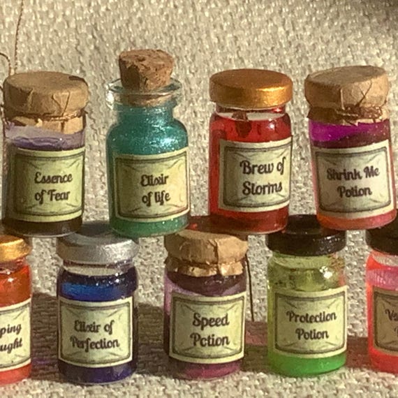 Miniature witches spells bottles, wizards potions, haunted house decorations