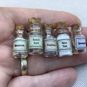 Miniature bottles of spell ingredients 5 or 10, dollhouse witches accessories, Halloween decorations