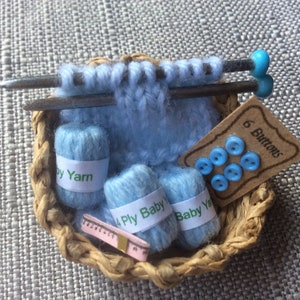 Knitting basket for dolls house, miniature balls of wool, 1/12th scale knitting