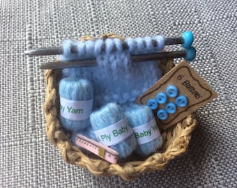 Knitting basket for dolls house, miniature balls of wool, 1/12th scale knitting