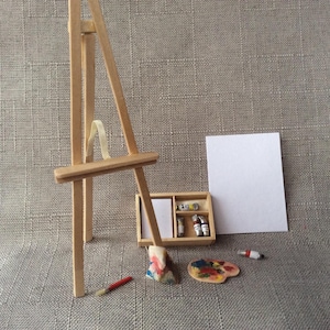 Miniature painting set, easel and artist oil paints,  1/12th art kit for dolls house.