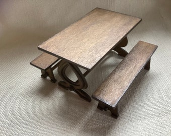 Miniature trestle table and bench seats, 1/12th scale wooden dollshouse dining table and bench