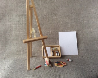 Miniature painting set, easel and artist oil paints,  1/12th art kit for dolls house.