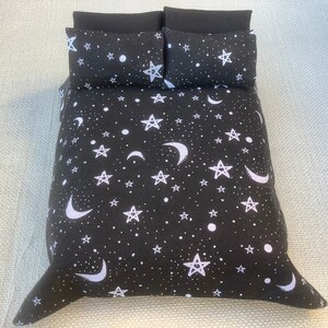 Miniature double bed comforter, 1/12th scale bedding, stars and moon print fabric  , Halloween bedroom decor