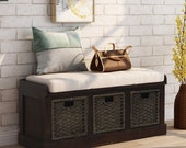 Storage Bench with 3 Drawers - 4 Colors - Removable Baskets and Cushion - Rustic Wood Finish - Entryway Chair - Classic Rattan Style 2-in-1