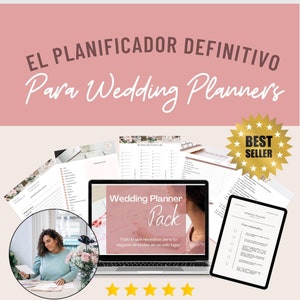Puede incluir: Un paquete de planificador de bodas digital que se muestra en una computadora portátil y una tableta, con páginas impresas y una mujer en la esquina. El texto dice "EL PLANIFICADOR DEFINITIVO Para Wedding Planners" y "Wedding Planner Pack". Una estrella dorada dice "BEST SELLER".