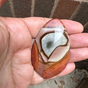May include: A smooth, oval-shaped stone with a unique pattern of brown, white, and gray swirls. The stone has a polished finish and is held in a hand.