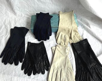 Vintage set med 6 handskar med original handskfack, läder och tyg, liten/medium dam, vit, svart, marinblå