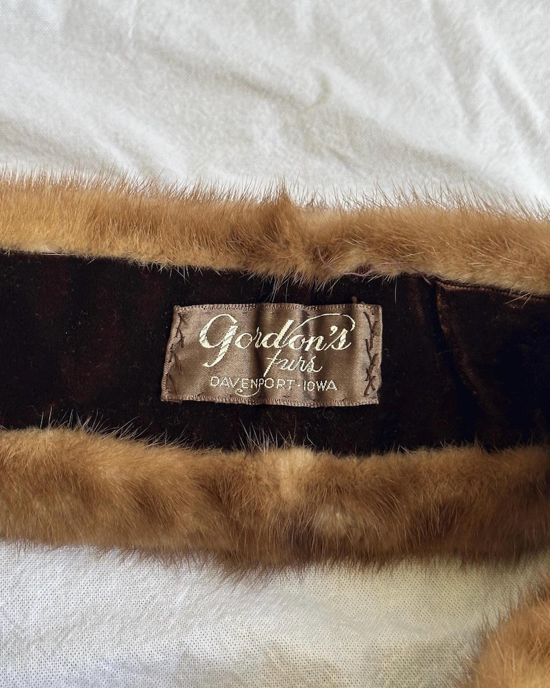Vintage minkpälskrage med klämma, brun pälshalsduk eller stola, sammetsfoder, 1940-talets 1950-talspäls bild 3