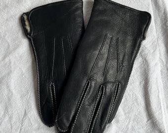 Vintage vinterhandskar i äkta pälsfodrad svart läder med kontrastsömmar, storlek Medium