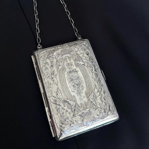 Antique Victorian Card Case/ Cigarette Case, Floral Embellishment, Minaudiere, with Blush Compact and Mirror, As Is Scratched