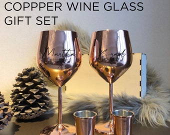 Personalization Copper Wine Glasses Set, Copper Anniversary Gift for, 7th Anniversary Gift, Custom Initials Wine Gift, Monogram Copper Wine