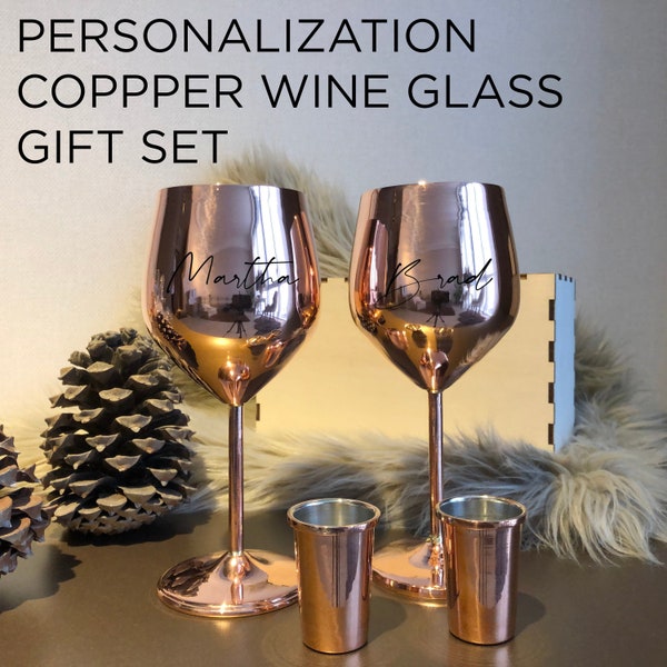 Ensemble de verres à vin en cuivre de personnalisation, cadeau d'anniversaire de cuivre pour, cadeau du 7e anniversaire, cadeau de vin d'initiales personnalisées, vin de cuivre de monogramme