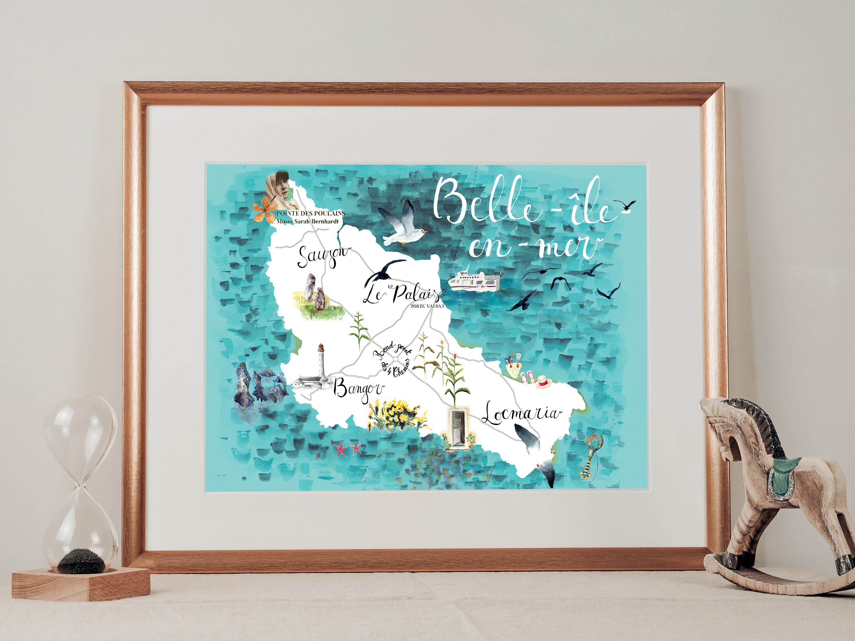 Poster Mural Techniques Mixtes Peinture Aquarelle et Collage Carte Belle Ile en Mer