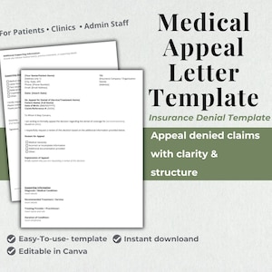 May include: A medical appeal letter template with the text "Medical Appeal Letter Template" in a bold, black font. The template is designed for appealing denied insurance claims. The image also includes the phrases "Appeal denied claims with clarity & structure."