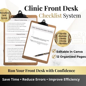 Clinic Front Desk Checklist System | Medical Reception SOP Template | Editable Canva & Printable PDF