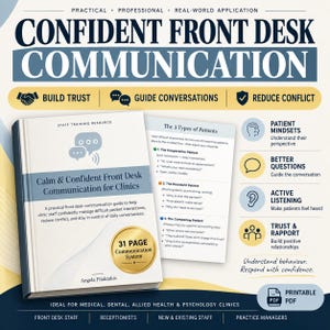 Puede incluir: Un recurso de formación para el personal de 31 páginas titulado Calm & Confident Front Desk Communication for Clinics de Angela Filaktakis. La guía incluye secciones sobre mentalidades de pacientes, mejores preguntas, escucha activa y confianza.