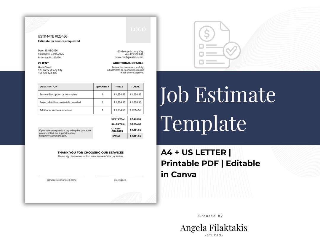 Job Estimate Template | Service Quote Form | A4 US Letter Printable PDF ...