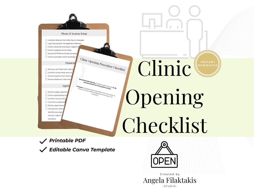 Sample Reception Sop Clinic Opening Checklist | Medical Reception SOP | Editable Canva ...