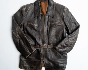 Rare Vintage 40s French Brown Belted Leather Jacket - Size Medium 44 Chest  / French Workwear /