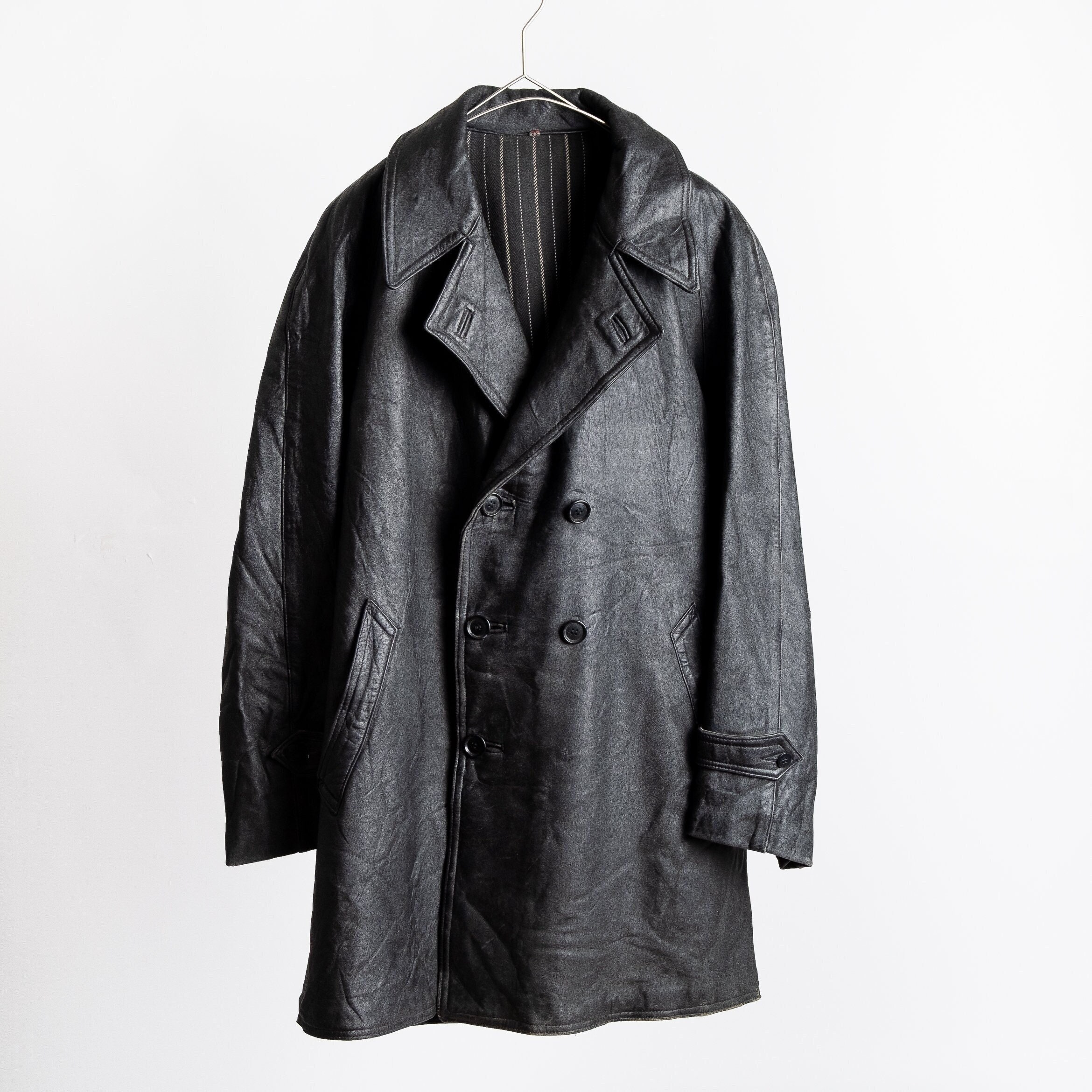 Vintage 1960s 60s French Distressed Black Leather Workers