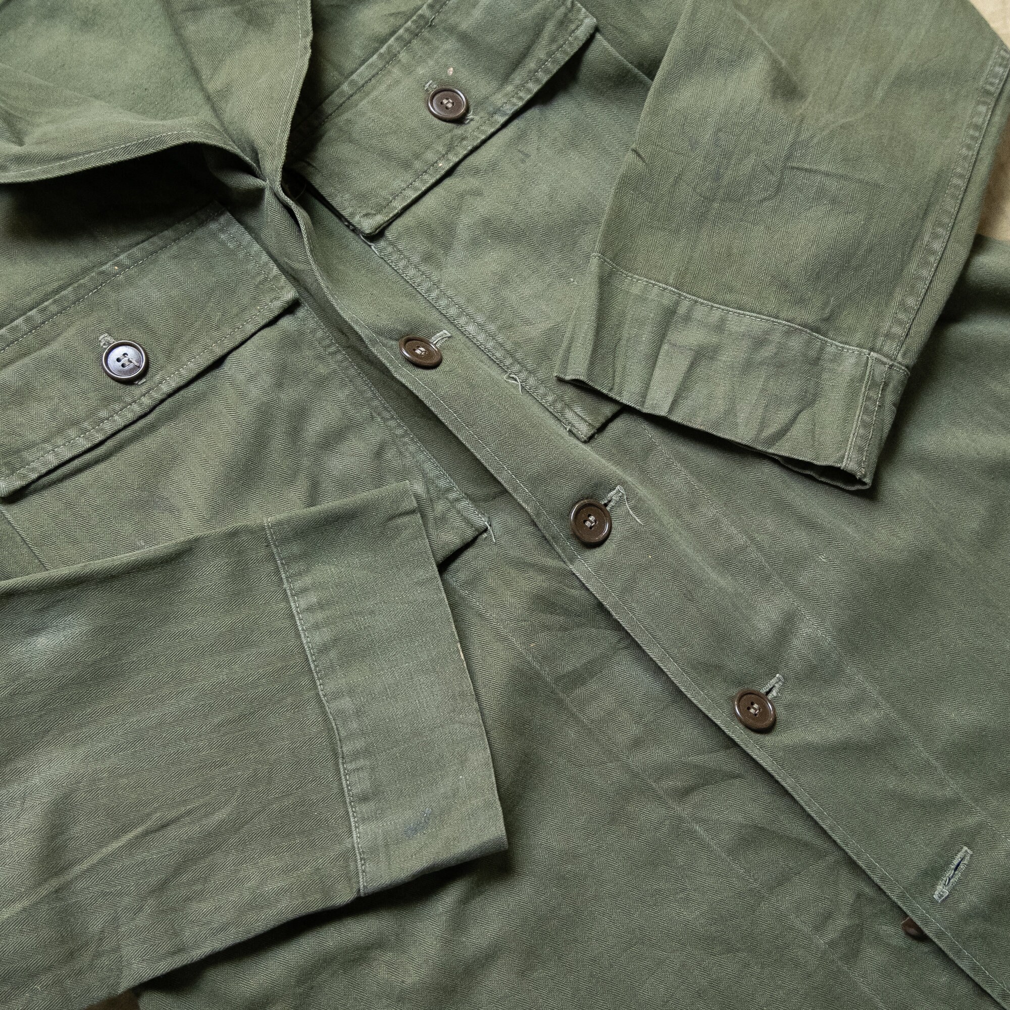 Vintage 60s Dutch Army Military Faded Olive Green HBT Cotton Jacket ...