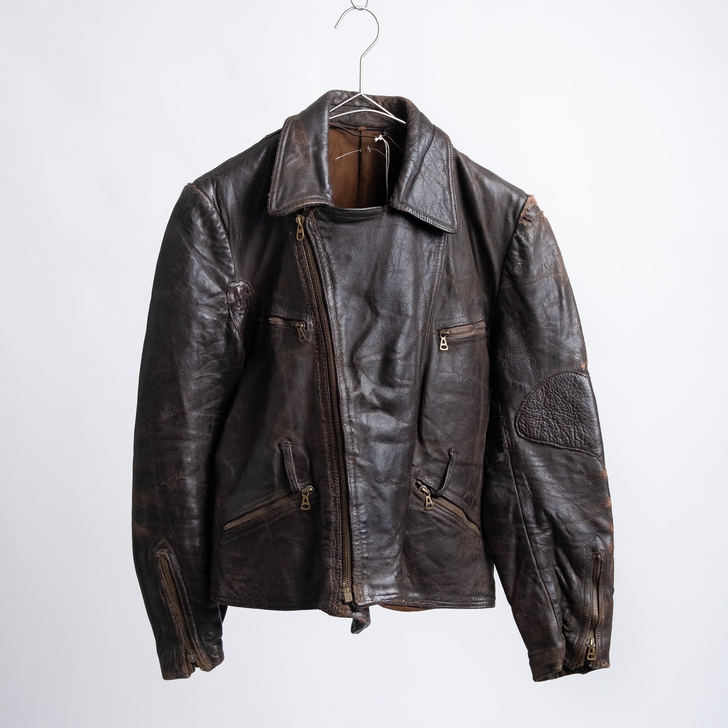 Vintage 30s 1930s French Brown Leather Cyclist Jacket Size