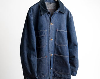 Vintage 1960s 60s Wrangler Blanket Lined Denim Chore Jacket - Size Medium 42R Workwear Workers Coat Quilted