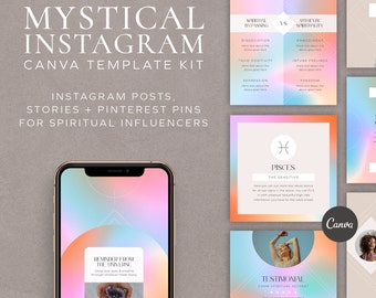Mystical Instagram Engagement Boosting Canva Template Kit with Square Posts, Stories, Pinterest Pins. Astrology, Moon Magic, Chakra Content