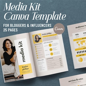 May include: A media kit Canva template for bloggers and influencers. The open book design features pages with text, graphics, and a photo of a woman. The pages include the text "Media Kit Canva Template" and "25 Pages."