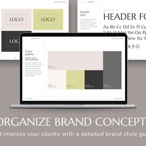 May include: A laptop screen displaying a brand style guide with a color palette, logo concepts, and a header font. The text "ORGANIZE BRAND CONCEPTS" is displayed below the laptop.
