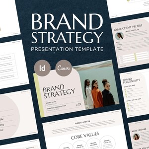 Può includere: Un modello di presentazione per la strategia di marca con uno schema di colori beige e giallo. Il modello include sezioni per la voce del marchio, la personalità del marchio, il tono e la voce, il profilo cliente ideale, la visione del marchio e i valori fondamentali.