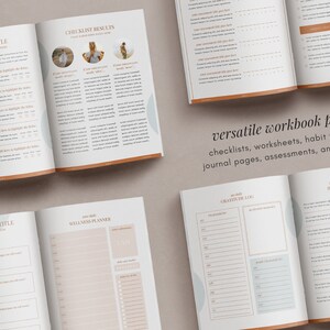 May include: Open workbooks with checklist, worksheet, and planner pages. The pages have a soft color palette with orange and blue accents. Text includes "Checklist Title", "Checklist Results", "Wellness Planner", and "Gratitude Log".