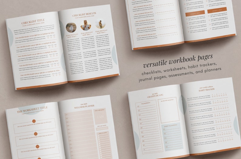 May include: Open workbooks with checklist, worksheet, and planner pages. The pages have a soft color palette with orange and blue accents. Text includes "Checklist Title", "Checklist Results", "Wellness Planner", and "Gratitude Log".