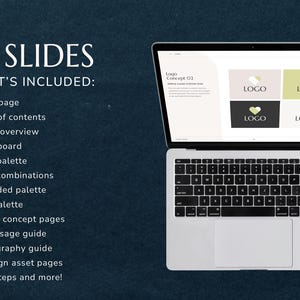 May include: A laptop screen displaying a presentation with 25 slides. The presentation includes a cover page, table of contents, visual overview, mood board, color palette, color combinations, expanded palette, font palette, 2 logo concept pages, logo usage guide, photography guide, 2 design asset pages, and next steps. The presentation also includes four different logo concepts with the word "LOGO" printed on each.