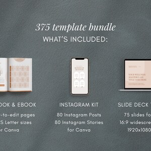 May include: Image of a digital template bundle with the text "375 template bundle". Includes a workbook, Instagram kit, and slide deck template. The workbook has 140 easy-to-edit pages in A4 & US Letter sizes. The Instagram kit includes 80 posts and stories.