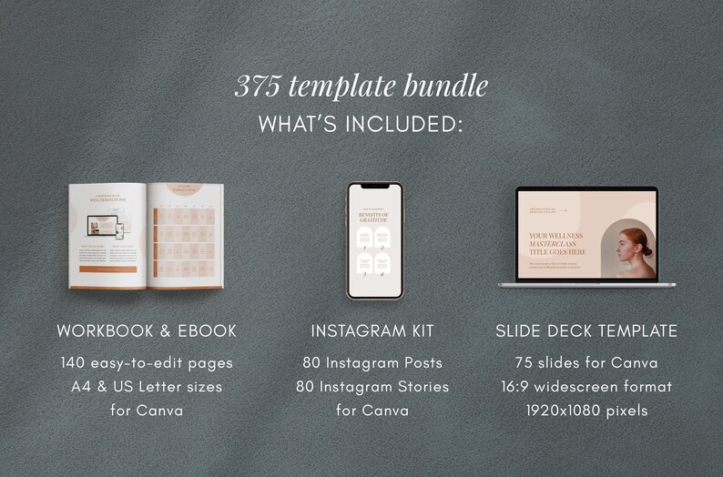 May include: Image of a digital template bundle with the text "375 template bundle". Includes a workbook, Instagram kit, and slide deck template. The workbook has 140 easy-to-edit pages in A4 & US Letter sizes. The Instagram kit includes 80 posts and stories.