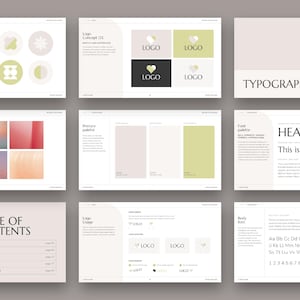 May include: Brand identity guide with a table of contents, color palettes, logo variations, and typography examples. The header font is "HEADER FONT" with the subheader "This is your subheader".