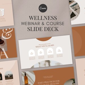 May include: A slide deck for a wellness webinar and course, featuring a Canva logo. The design uses a palette of brown, beige, and white. The slides include text and graphics about wellness, creativity, and courses.