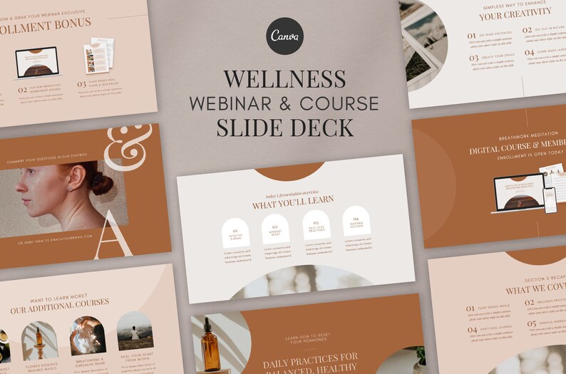 May include: A slide deck for a wellness webinar and course, featuring a Canva logo. The design uses a palette of brown, beige, and white. The slides include text and graphics about wellness, creativity, and courses.