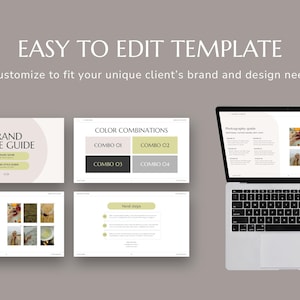 May include: A laptop computer displaying a brand style guide template with sections for color combinations, photography style guide, and next steps. The template has a neutral color scheme with beige, brown, and white.