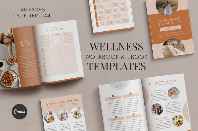 May include: A collection of open workbooks and ebooks with templates for wellness. The pages have a light brown and white color scheme. The text includes "Wellness Workbook & Ebook Templates", "140 Pages", and "US Letter + A4". There are images of food and a woman.