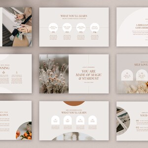May include: A collection of beige and brown presentation slides with text and graphics. Topics include enhancing creativity, meal planning, wellness tips, self-love, and hormone balance. The slides feature a minimalist design with a neutral color palette.