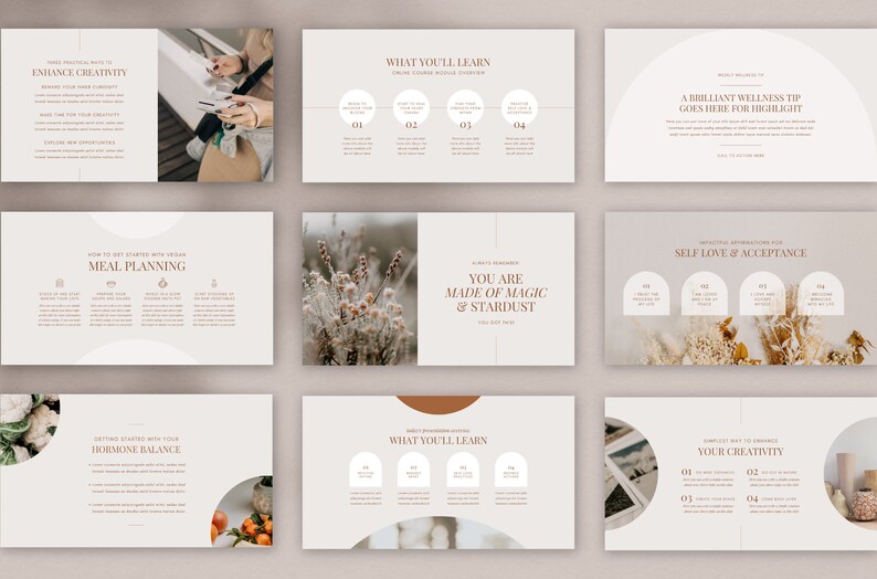 May include: A collection of beige and brown presentation slides with text and graphics. Topics include enhancing creativity, meal planning, wellness tips, self-love, and hormone balance. The slides feature a minimalist design with a neutral color palette.